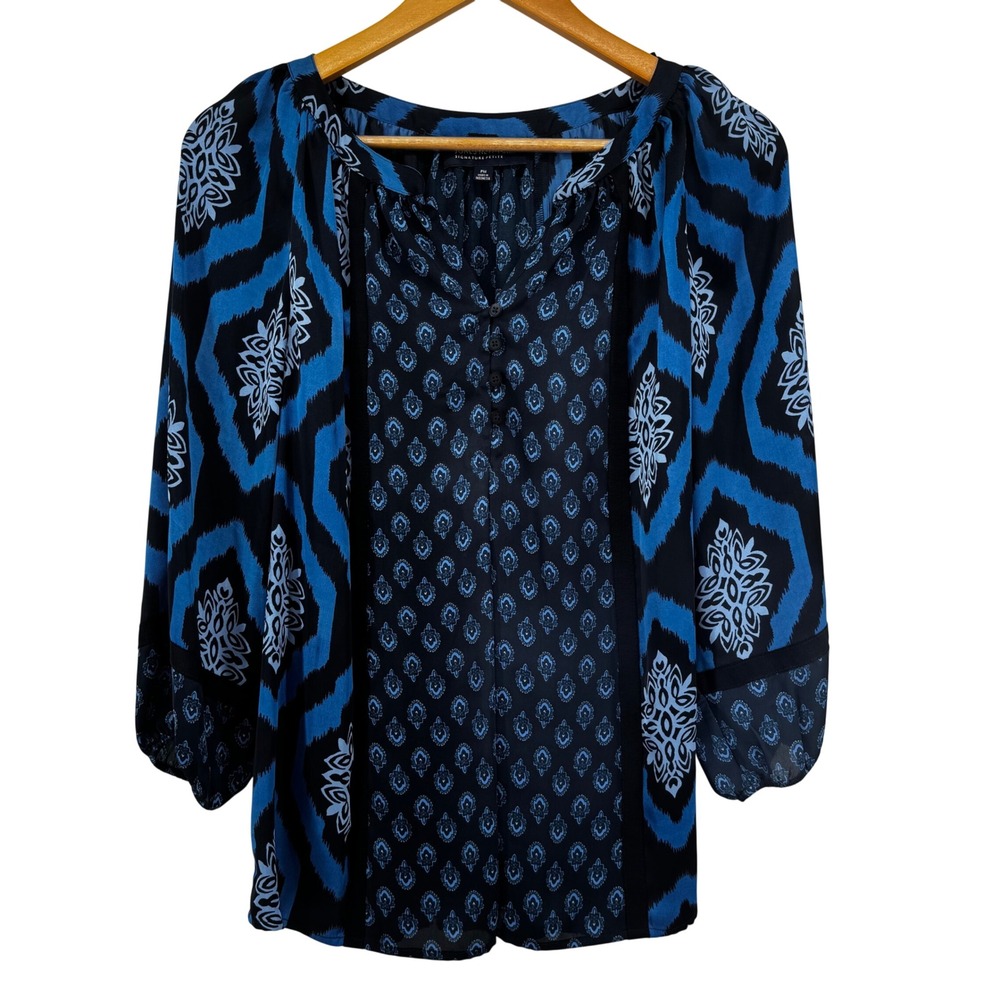Jones New York Signature Petite Blue Black Ikat Damask Blouse M with Tank Top